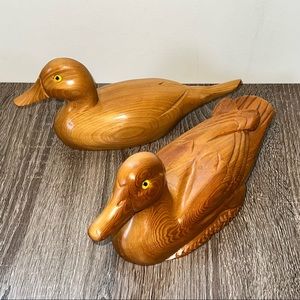 Duo of Hand Carved Wooden Duck Figurines, Pine, Made in Bend Oregon